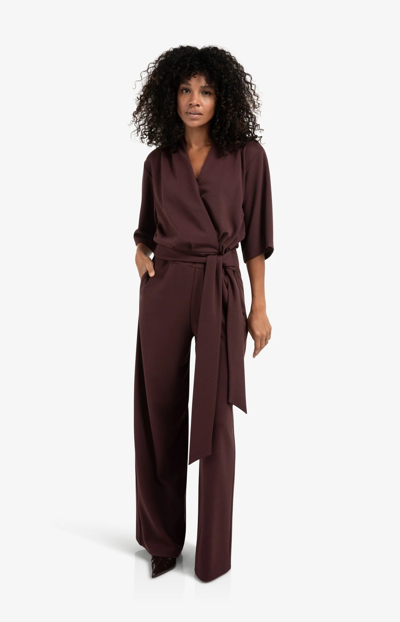 YAYA Jersey Jumpsuit Met Korte Mouwen En Strikceintuur Fudge Purple
