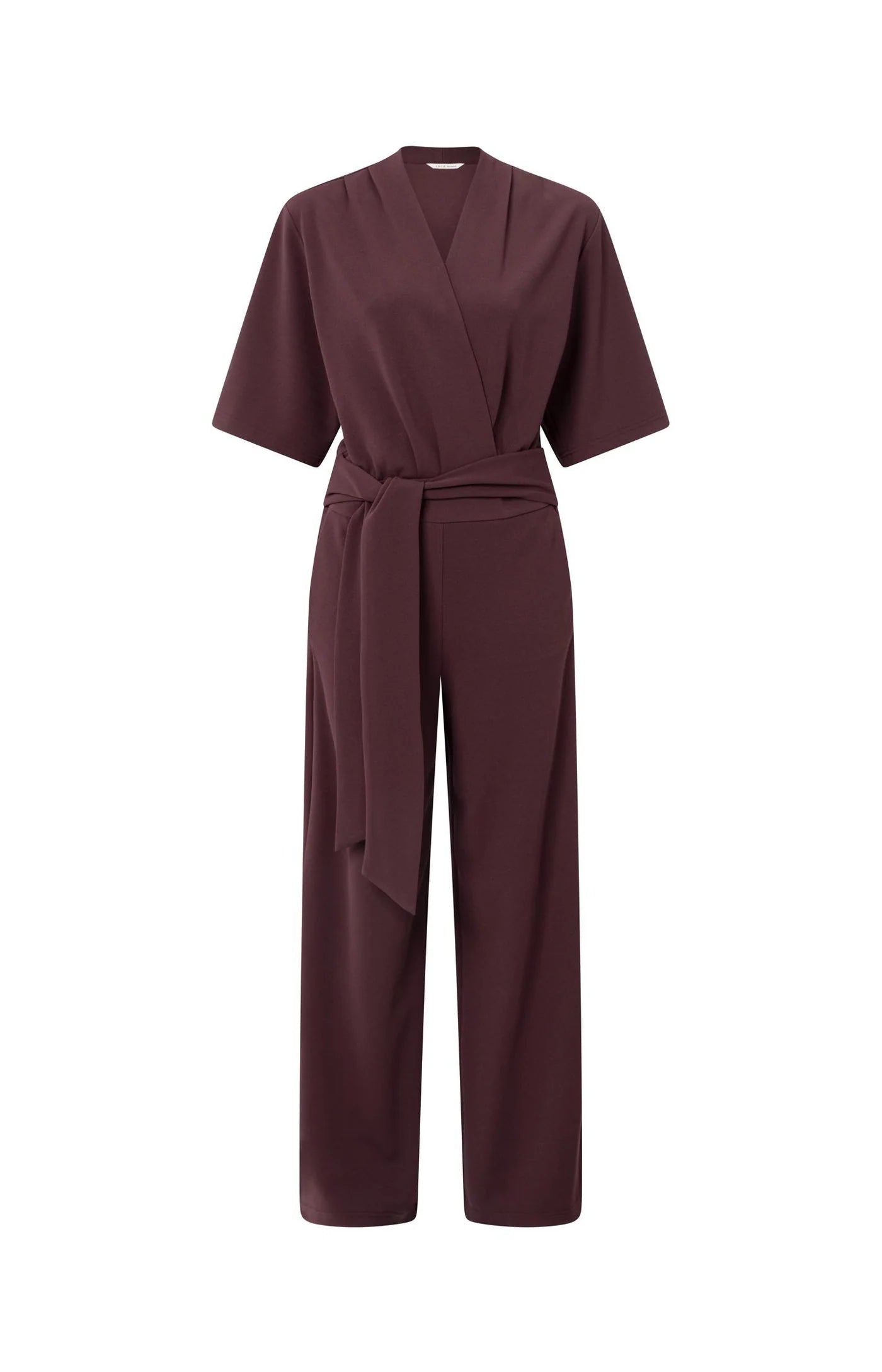 YAYA Jersey Jumpsuit Met Korte Mouwen En Strikceintuur Fudge Purple