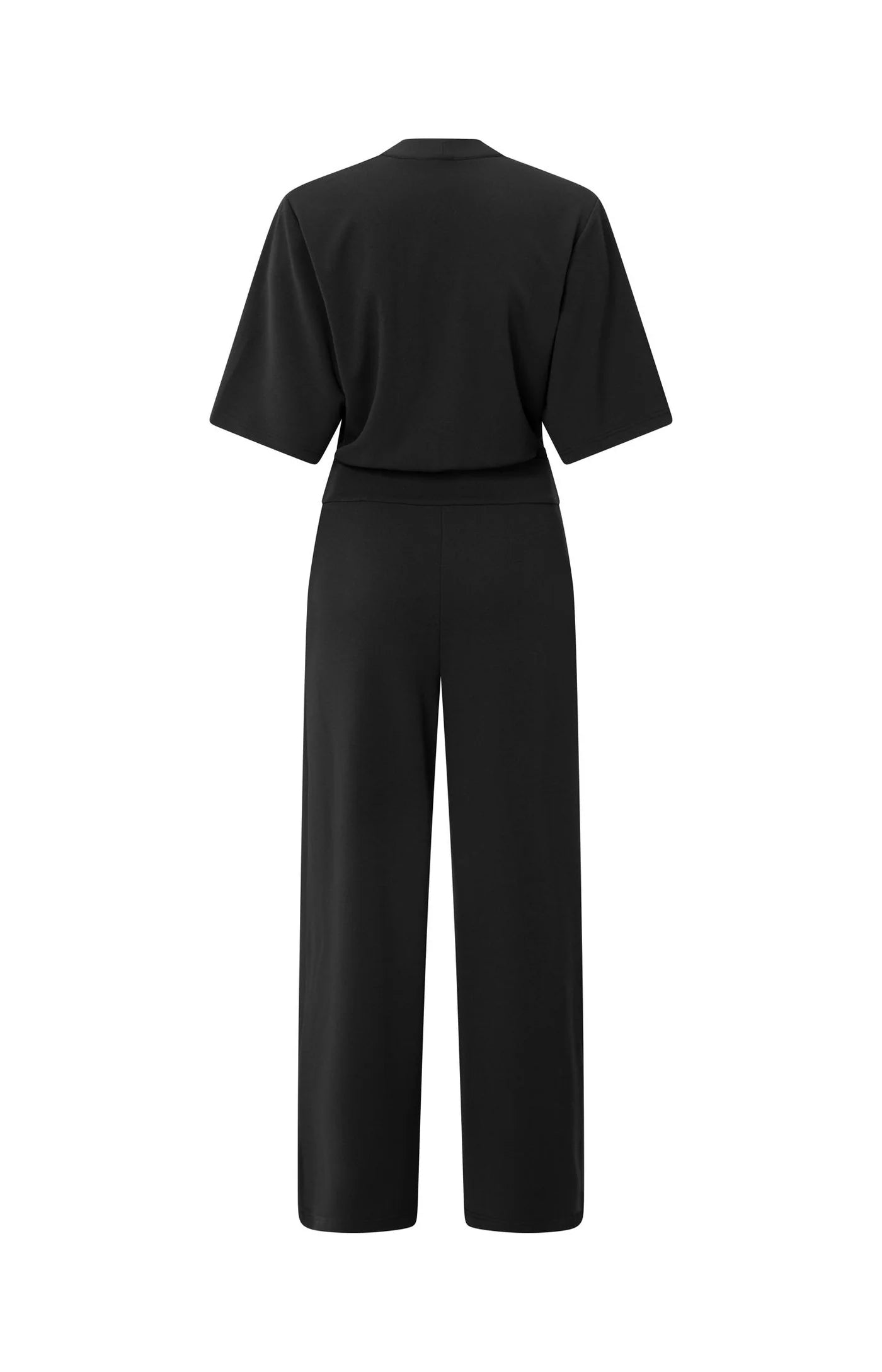 YAYA Jersey Jumpsuit Met Korte Mouwen En Strikceintuur Zwart
