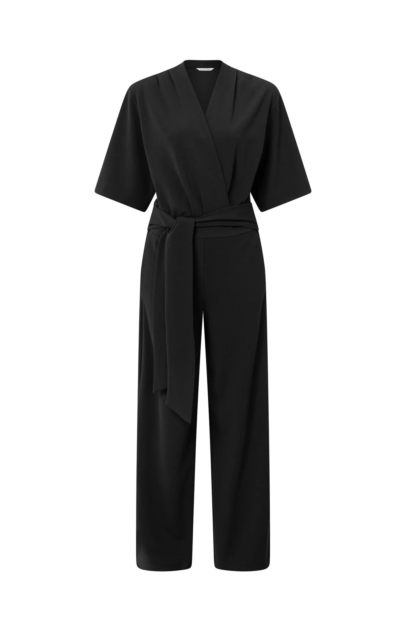 YAYA Jersey Jumpsuit Met Korte Mouwen En Strikceintuur Zwart