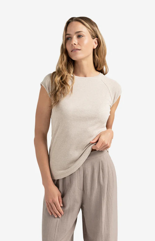 T-shirt Materiaalmix YAYA Silver Linin Beige Melange