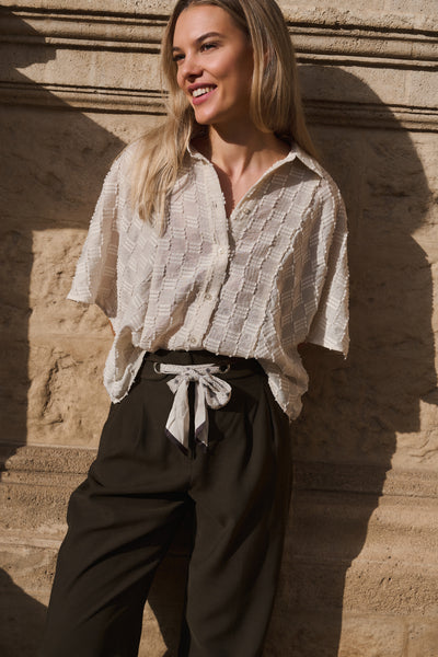 YAYA Jacquard Blouse Met Korte Mouwen Beige