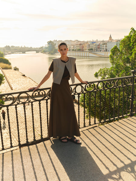 YAYA A-lijn Maxi Rok Met Elastische Taille Slate Black Brown