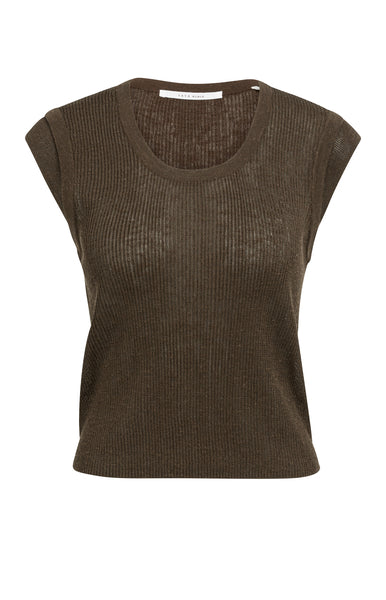 YAYA Ribgebreide Top Met Ronde Hals En Schouderdetail Slate Black Brown