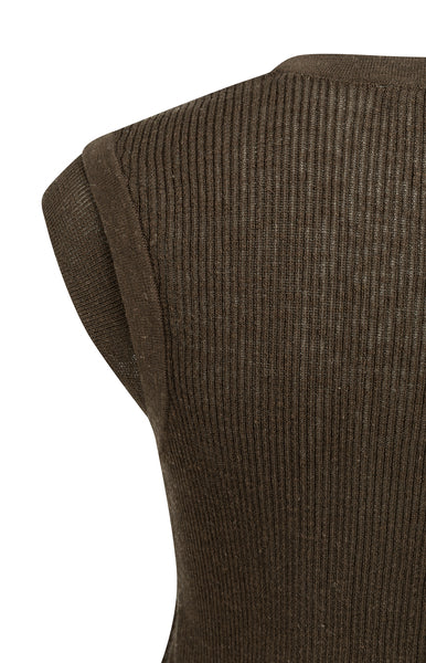 YAYA Ribgebreide Top Met Ronde Hals En Schouderdetail Slate Black Brown