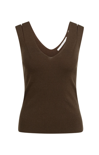 YAYA Ribgebreide Top Met V-hals En Schouderdetails Slate Black Brown