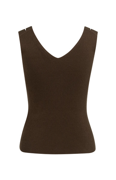 YAYA Ribgebreide Top Met V-hals En Schouderdetails Slate Black Brown