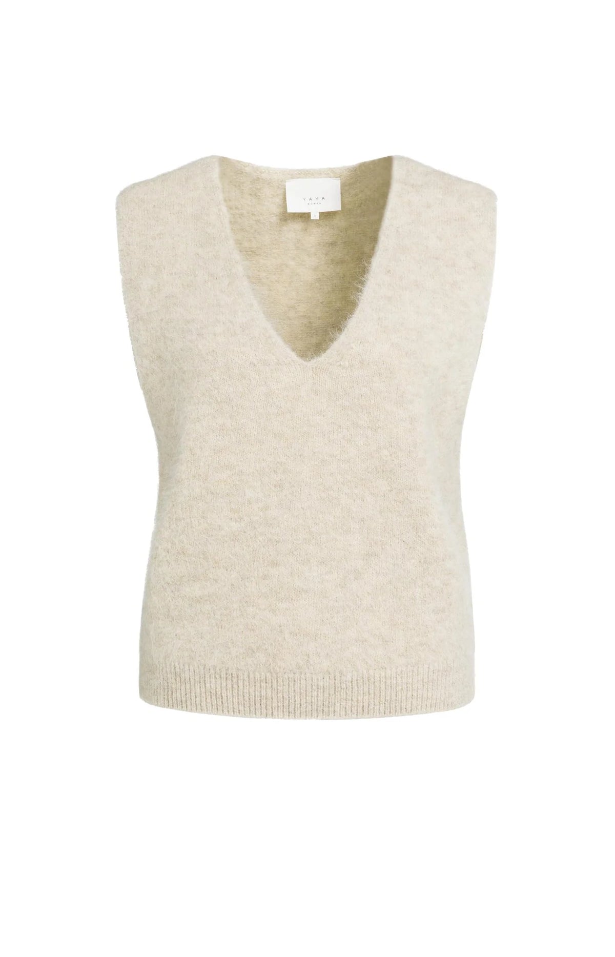YAYA Zacht Gebreide Spencer Met Diepe V-hals Beige Melange