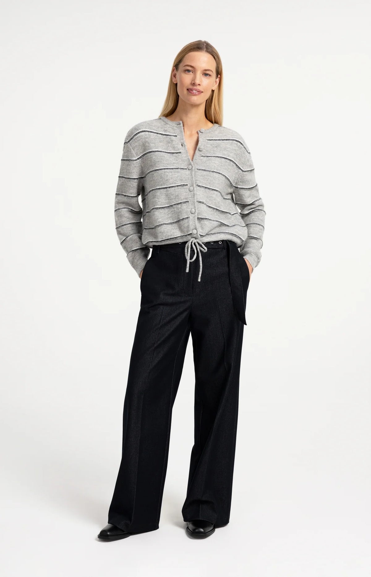 YAYA Gestreept Gebreid Vest Met Strikdetail Grey Melange