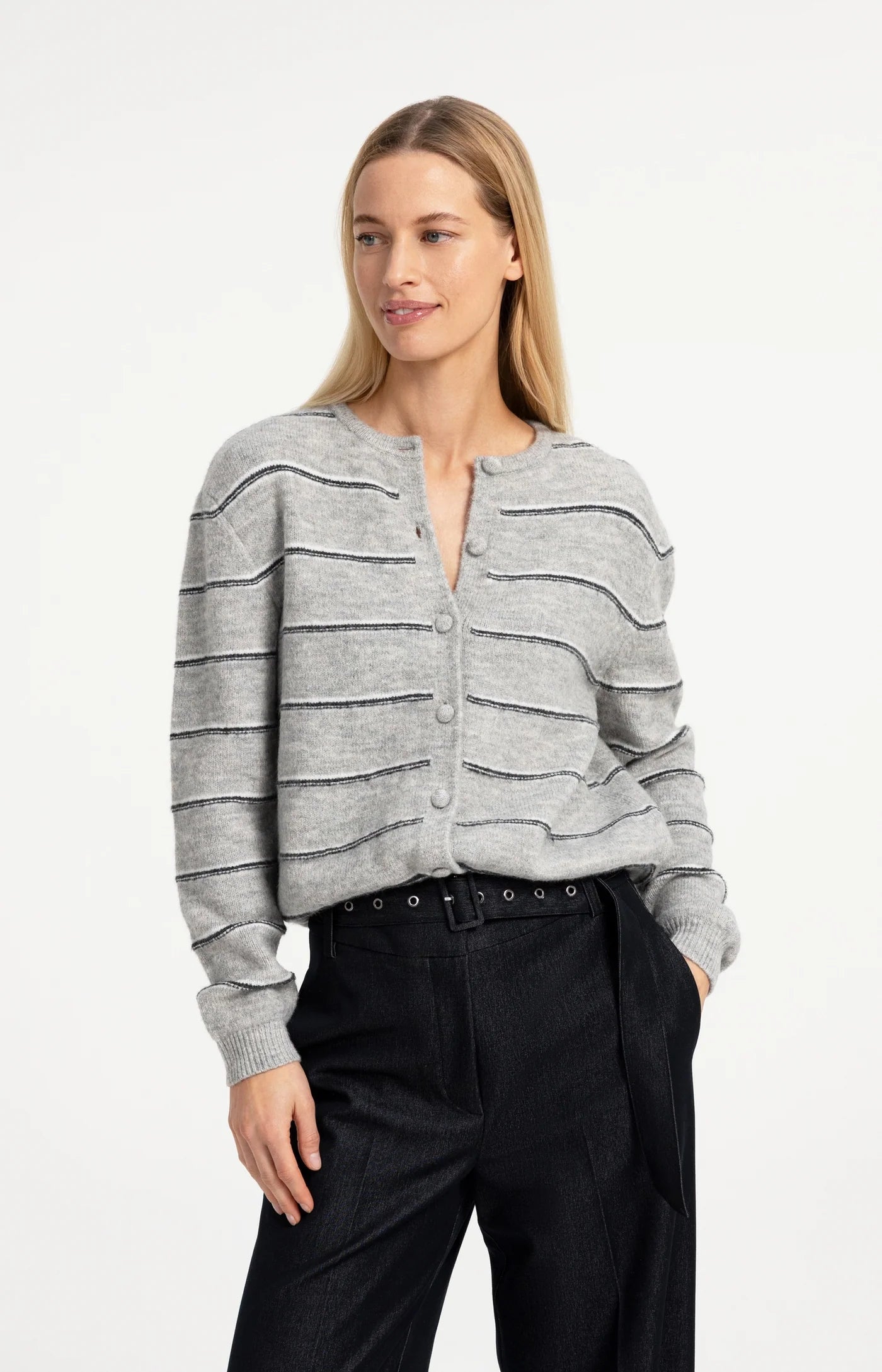 YAYA Gestreept Gebreid Vest Met Strikdetail Grey Melange