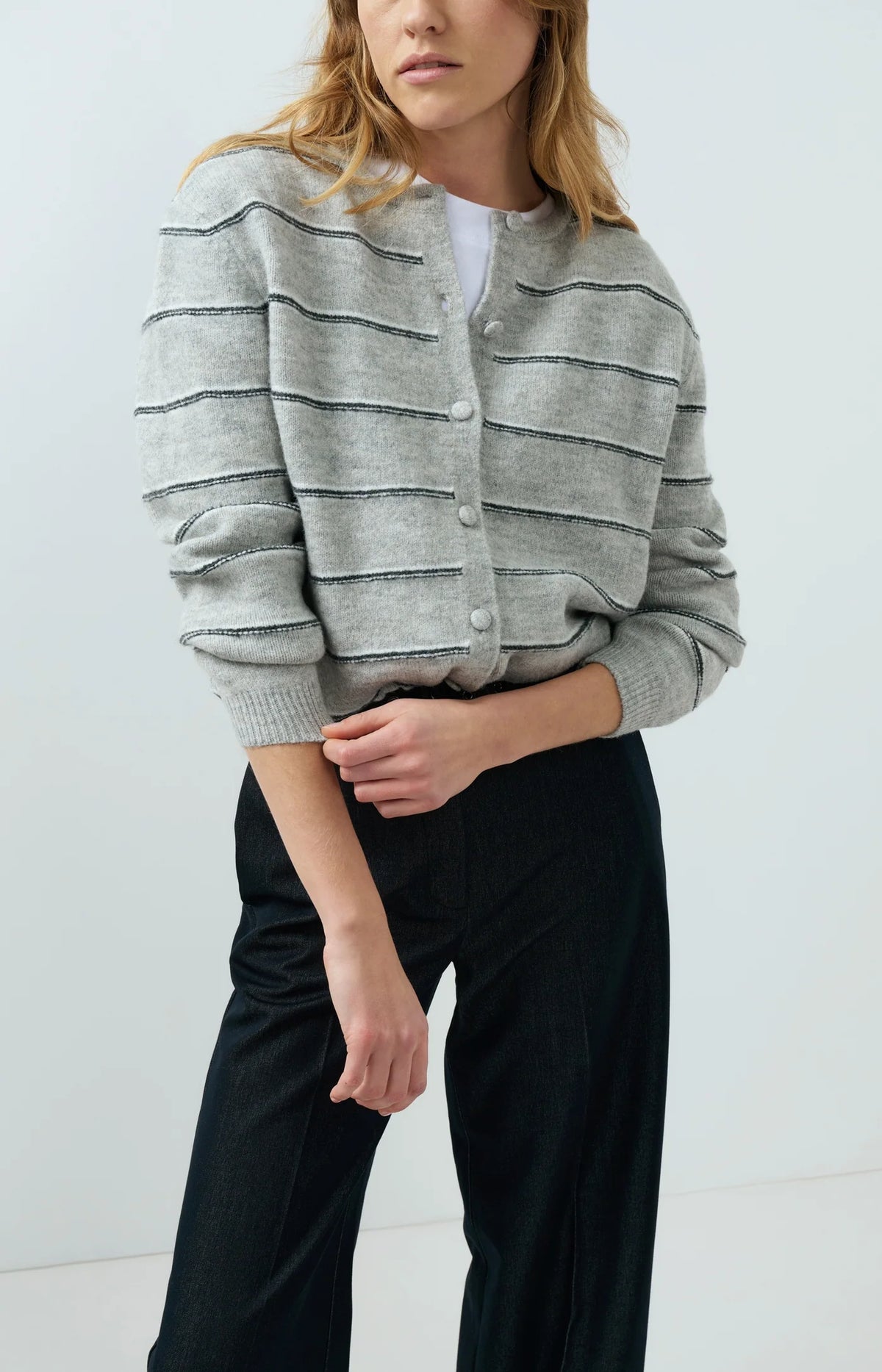 YAYA Gestreept Gebreid Vest Met Strikdetail Grey Melange