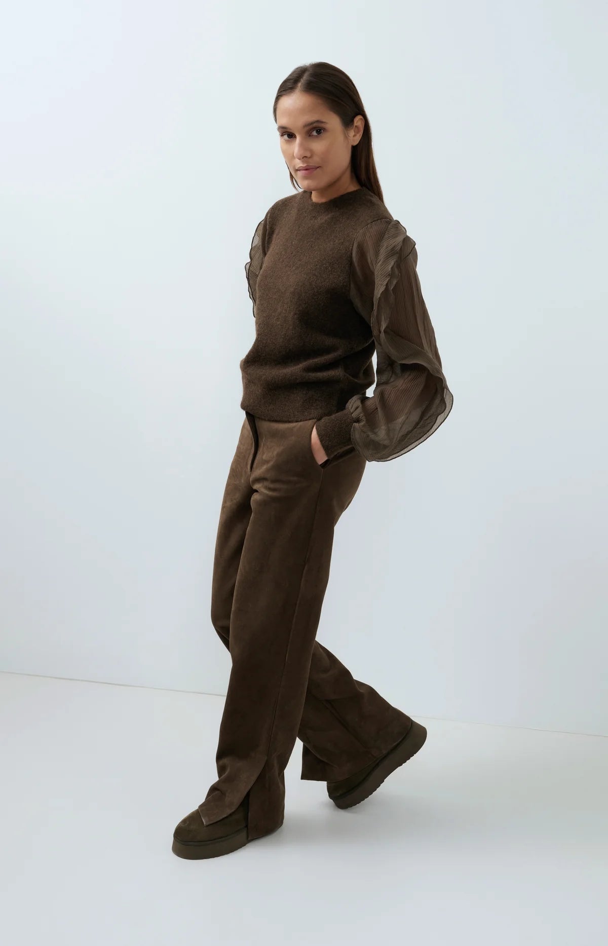 YAYA Suede Broek Wijde Pijpen Slate Black/Brown