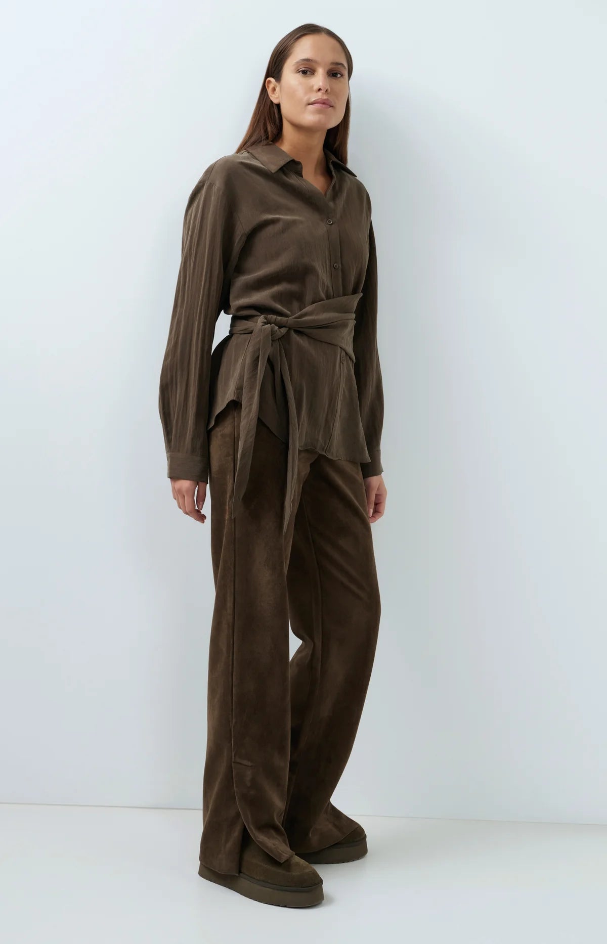 YAYA Suede Broek Wijde Pijpen Slate Black/Brown
