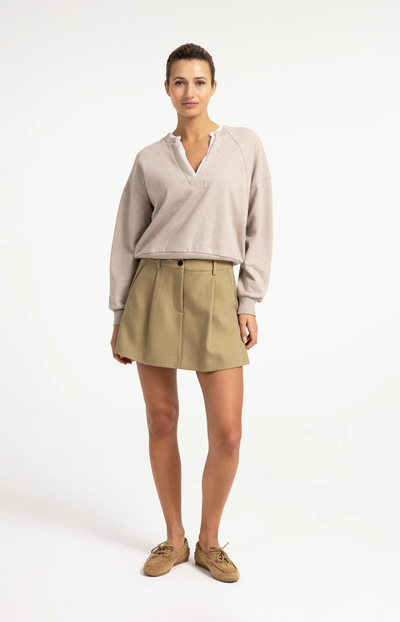 YAYA Sweatshirt Met V-Hals En Geweven Kraag Grey Melange